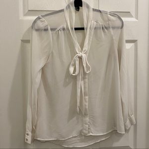 Sheer blouse with neck tie pussy bow